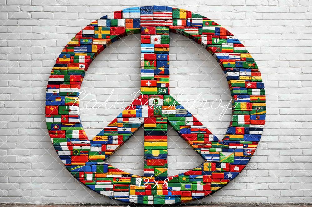 Kate Peace Sign Flags Brick Wall Printed Backdrop Designed by Mini MakeBelieve