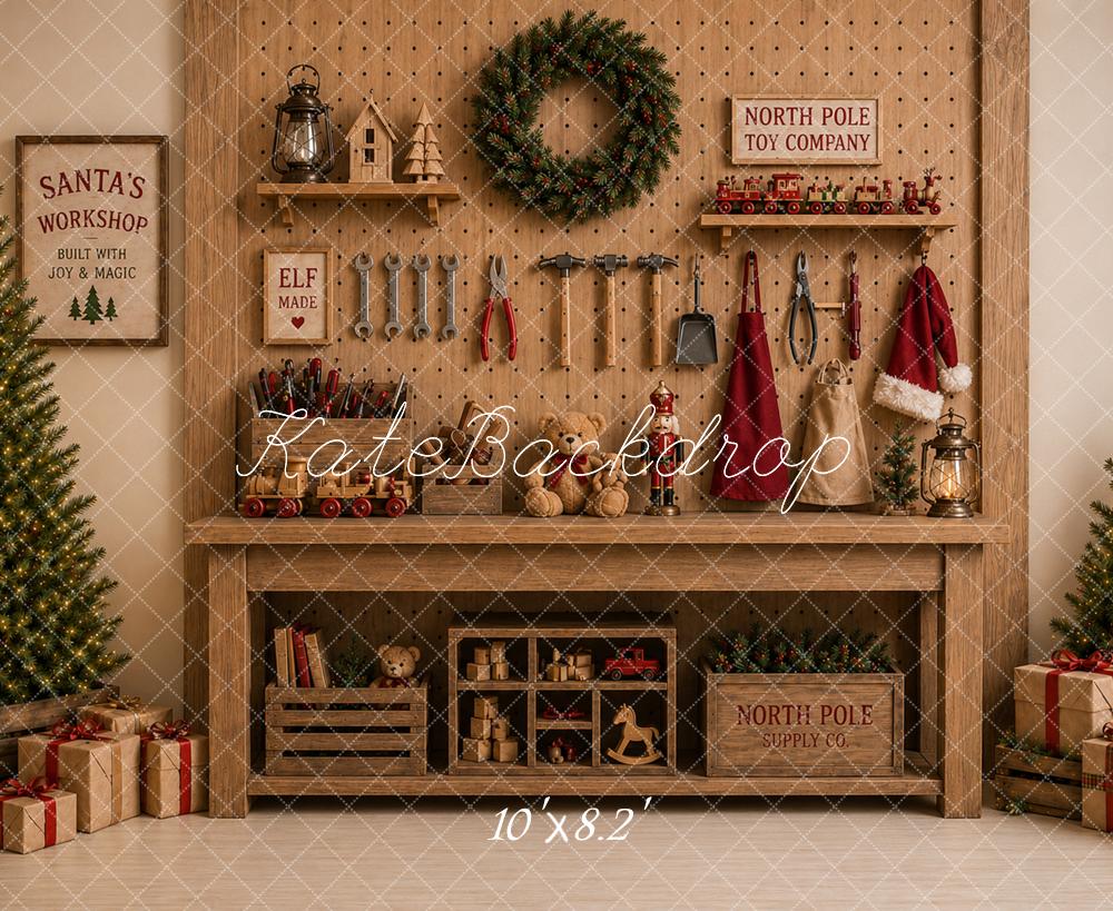 Kate Christmas Toy Workshop Wood Mantel Printed Backdrop Designed by Caitlin Lynch