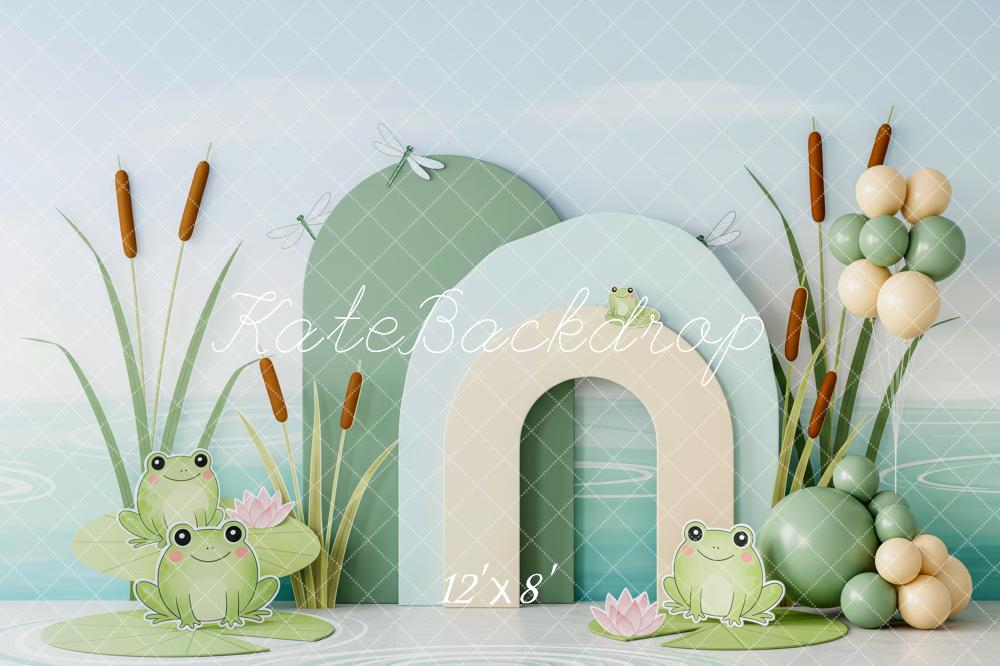 Kate Cake Smash Frog Pond Cattails Balloons Printed Backdrop Designed by Patty Roberts