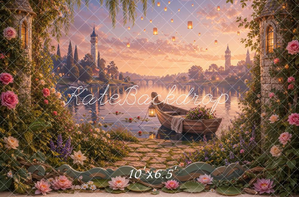 Kate Fairy Fantasy Castle Lake Boat Garden Flowers Sunset Printed Backdrop Designed by Ashley Ward