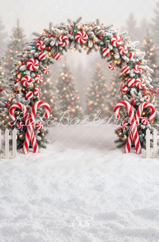 Kate Christmas Candy Cane Flower Arch Snow Printed Backdrop Designed by Emetselch
