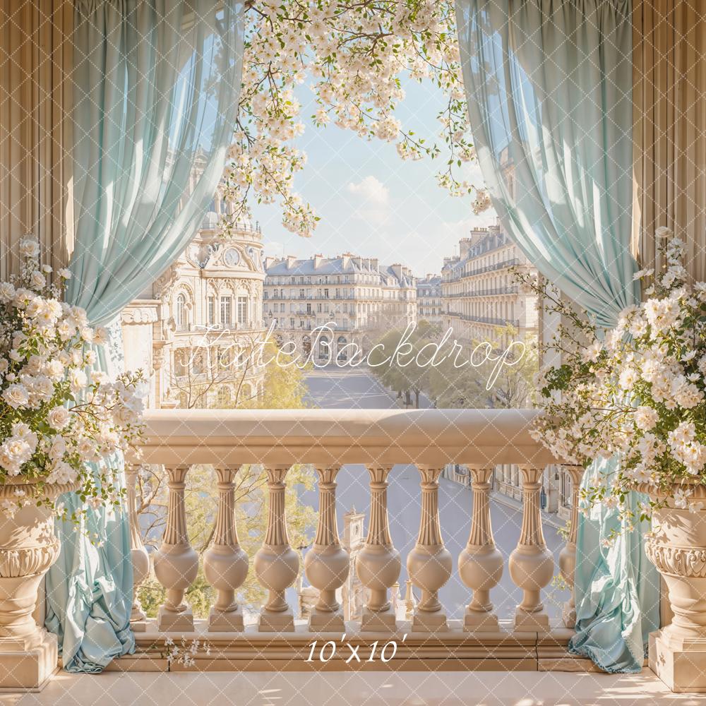 Kate Spring Elegant Balcony Blossoms Blue Curtains City View Backdrop Designed by Emetselch