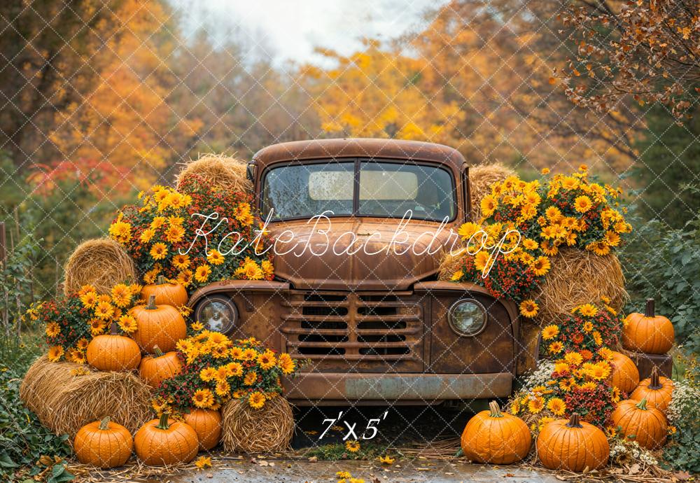 Kate Fall Vintage Truck Pumpkins Hay Bales Sunflowers Backdrop Designed by Emetselch
