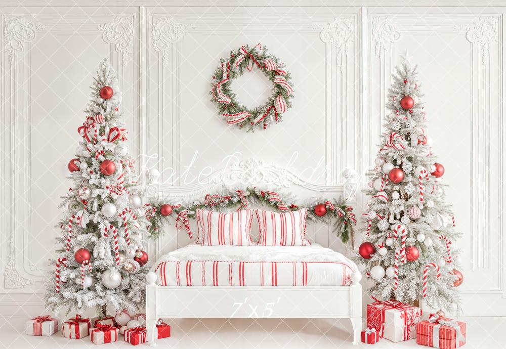 Kate Christmas White Bedroom Candy Cane Trees Red Ornaments Backdrop Designed by Emetselch