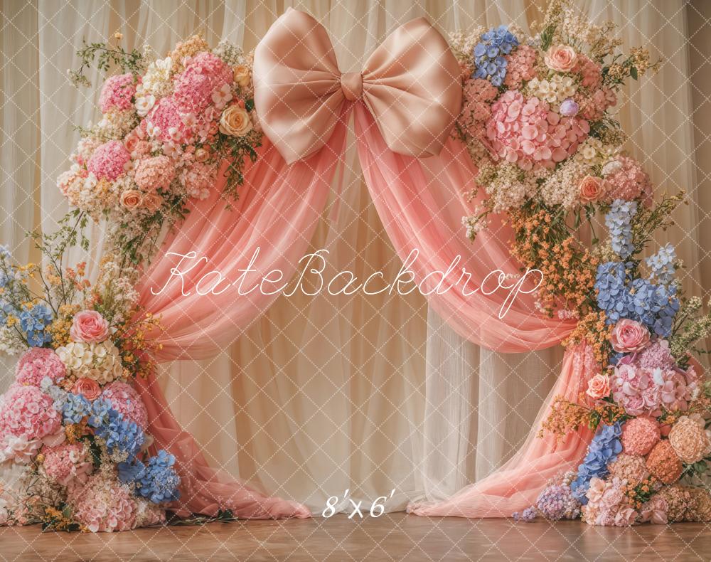 Kate Floral Arch Pink Bow Drapes Backdrop Designed by Emetselch