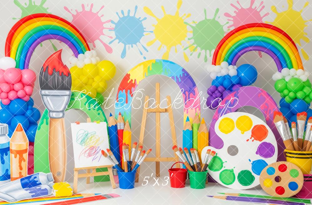 Kate Birthday Rainbow Paint Splatter Art Palette Paintbrush Printed Backdrop Designed by Patty Roberts