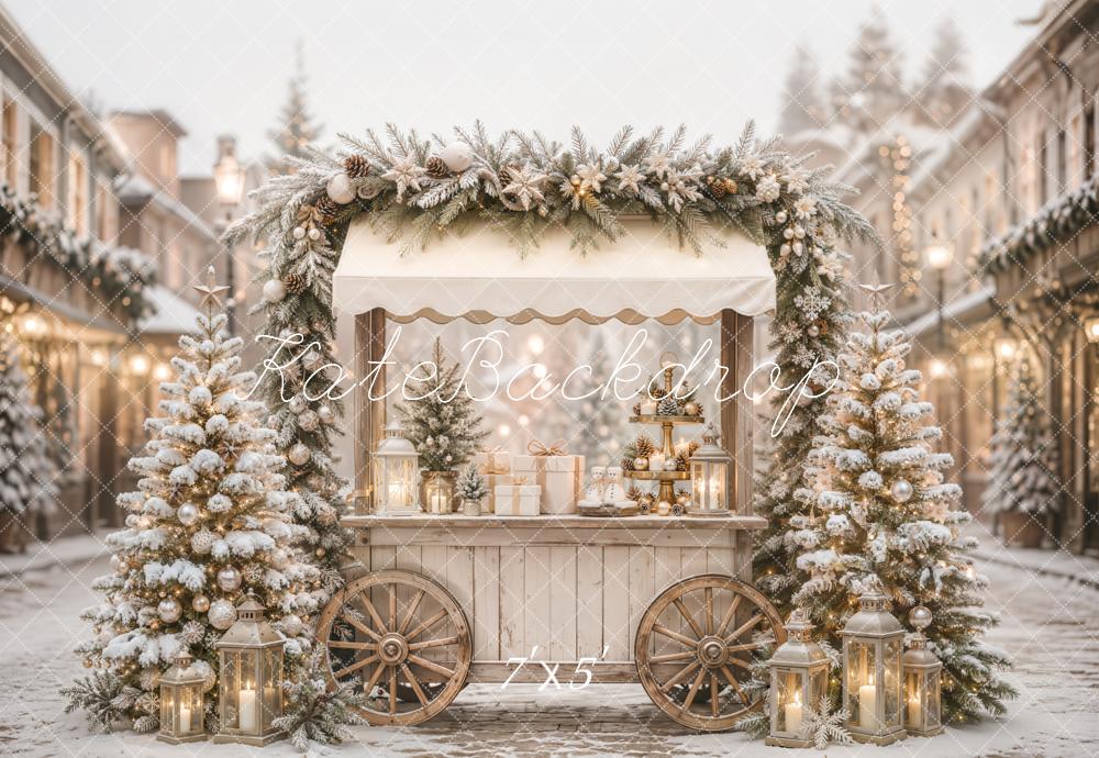 Kate Christmas Snowy Street Market Cart Trees Lanterns Printed Backdrop Designed by Emetselch