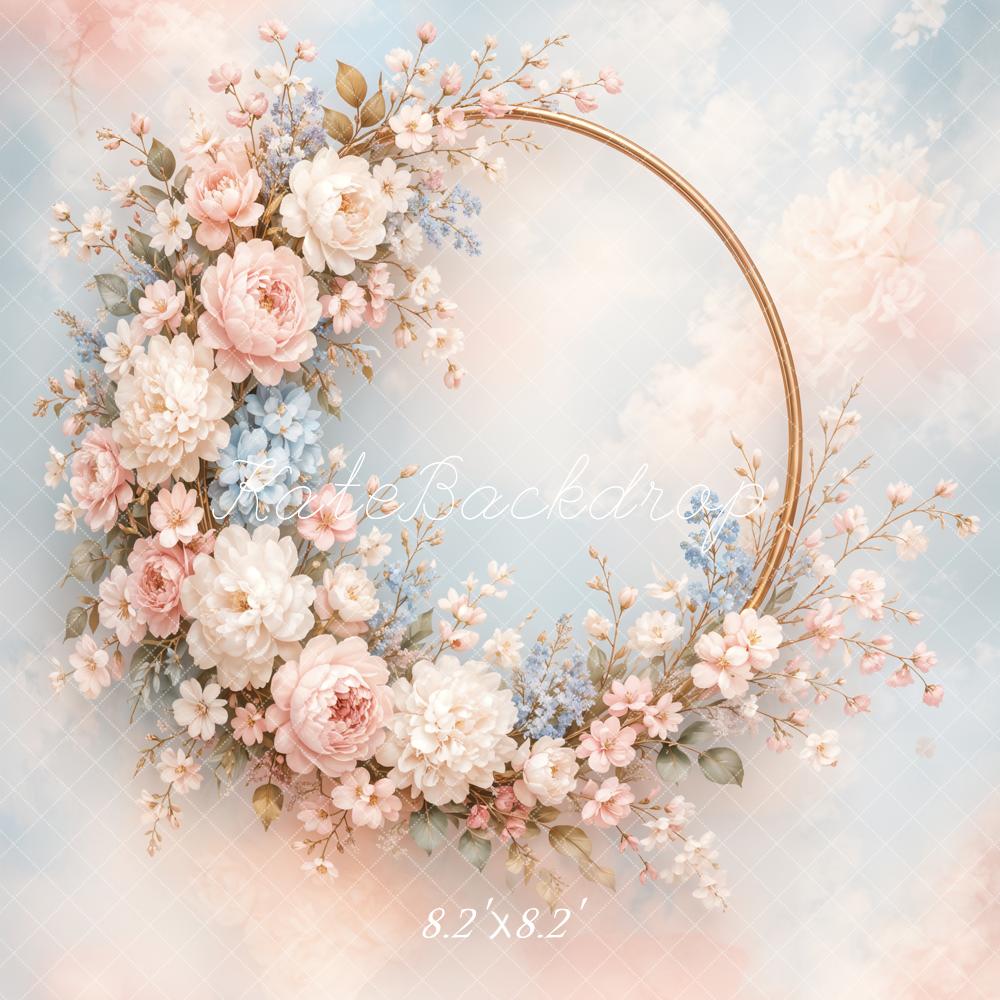 Kate Fine Art Floral Wreath Gold Hoop Clouds Printed Backdrop Designed by Emetselch