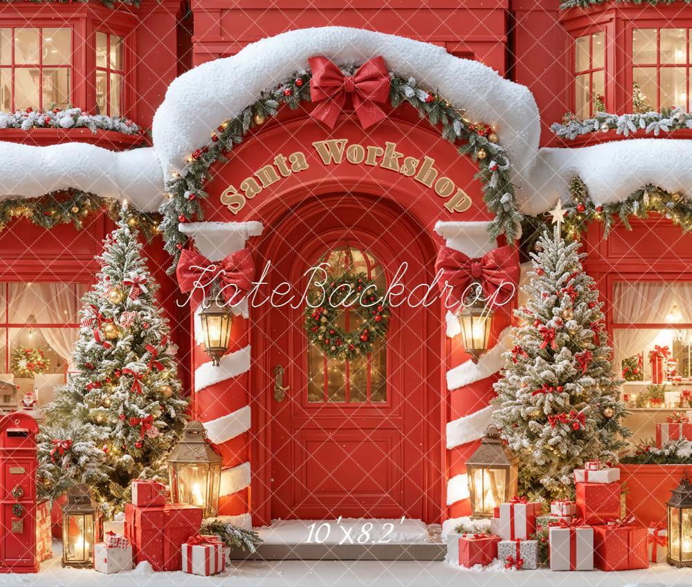 Kate Christmas Santa Workshop Red Snowy Trees Presents Backdrop Designed by Emetselch