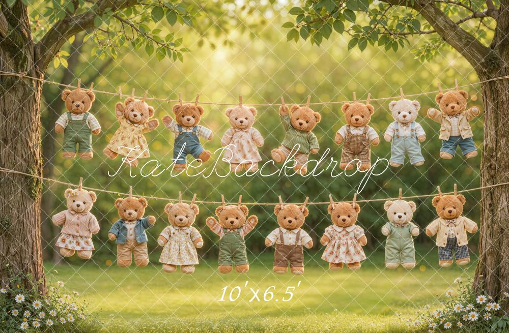 Kate Laundry Day Teddy Bears Clothesline Outdoor Trees Printed Backdrop Designed by Emetselch
