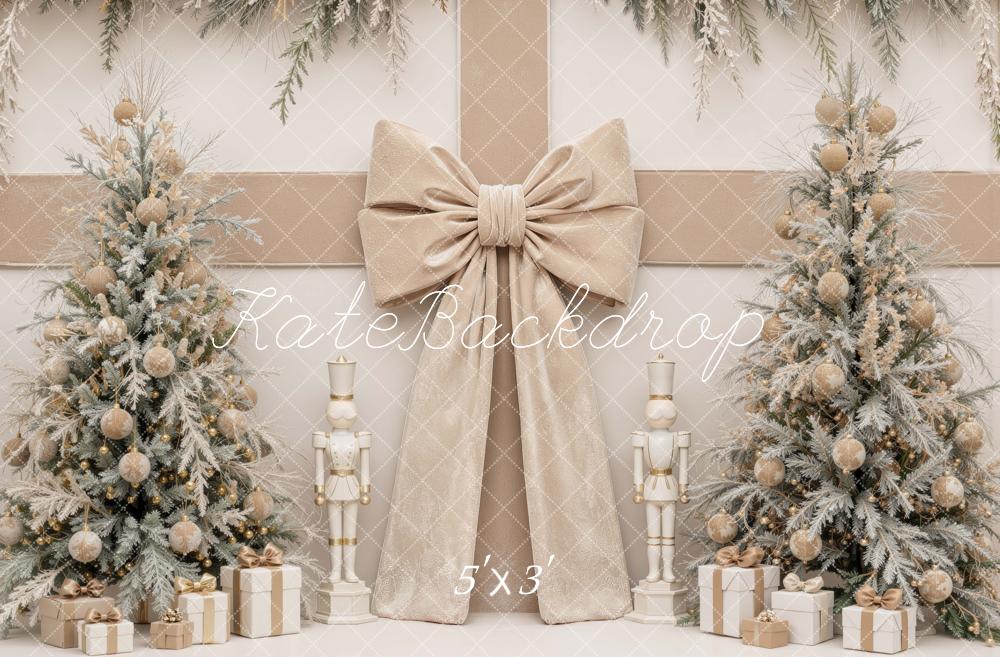 Kate Christmas Beige Bow Nutcracker Trees Printed Backdrop Designed by Mini MakeBelieve