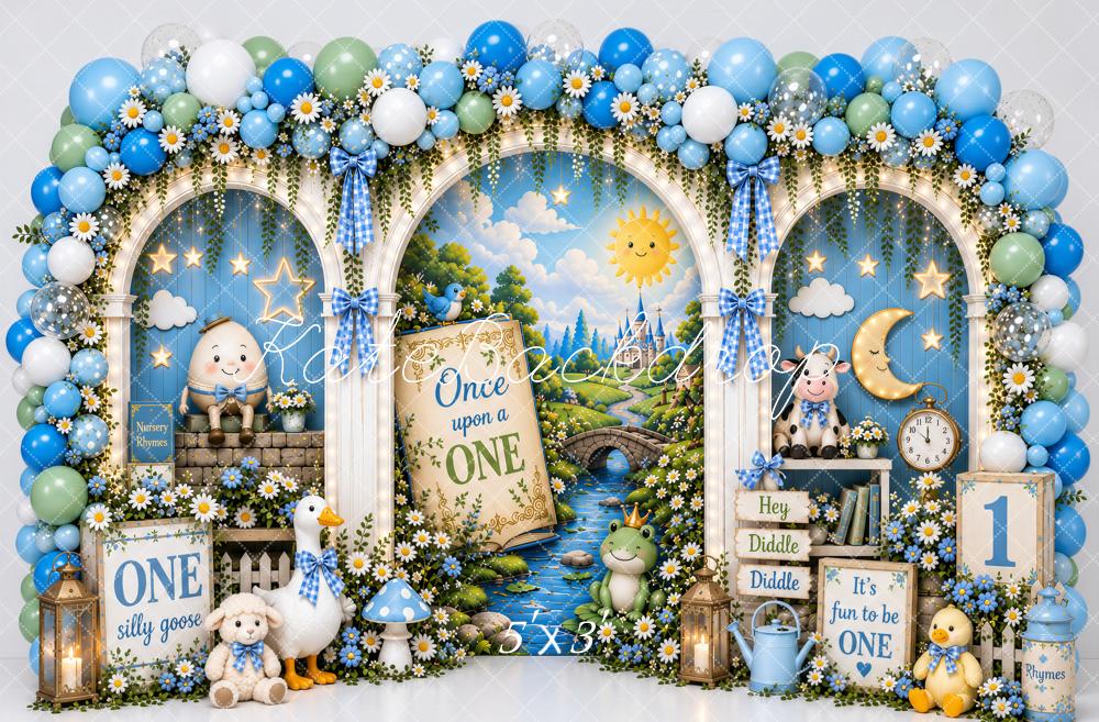 Kate 1st Birthday Nursery Storybook Balloon Arch Goose Blue Printed Backdrop Designed by Ashley Paul