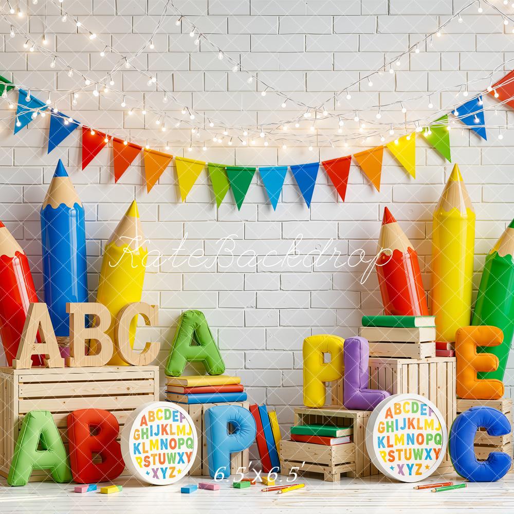Kate Back To School Giant Colorful Pencils Alphabet Crates Printed Backdrop Designed by Emetselch