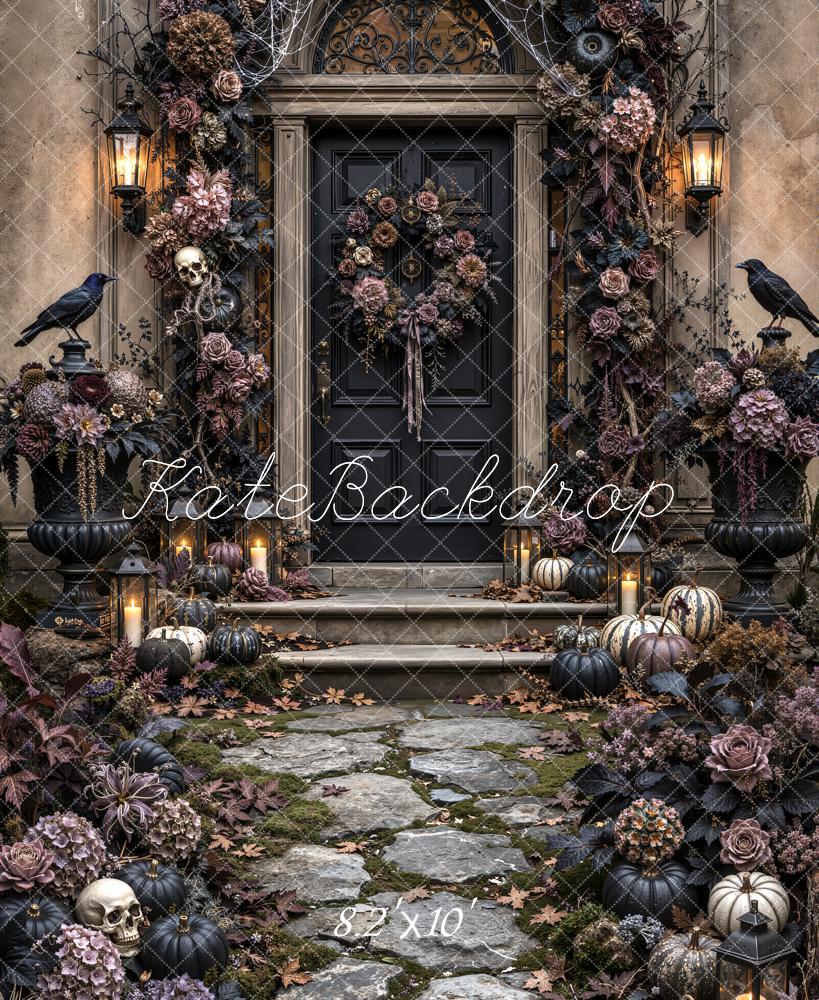 Kate Halloween Gothic Vintage Black Doorway Flower Arch Ravens Pumpkins Printed Backdrop Designed by Emetselch