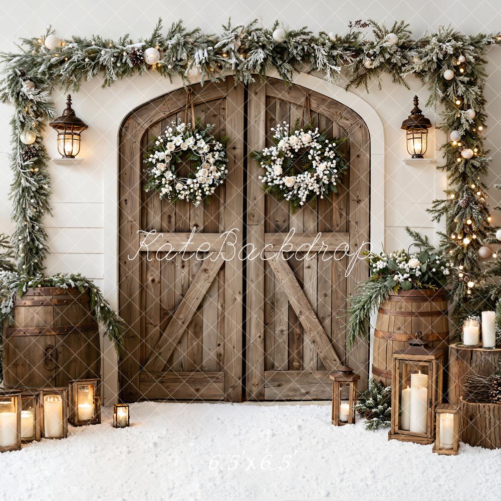 Kate Christmas Wooden Door Wreath Snowy Trees Barrels Backdrop Designed by Emetselch