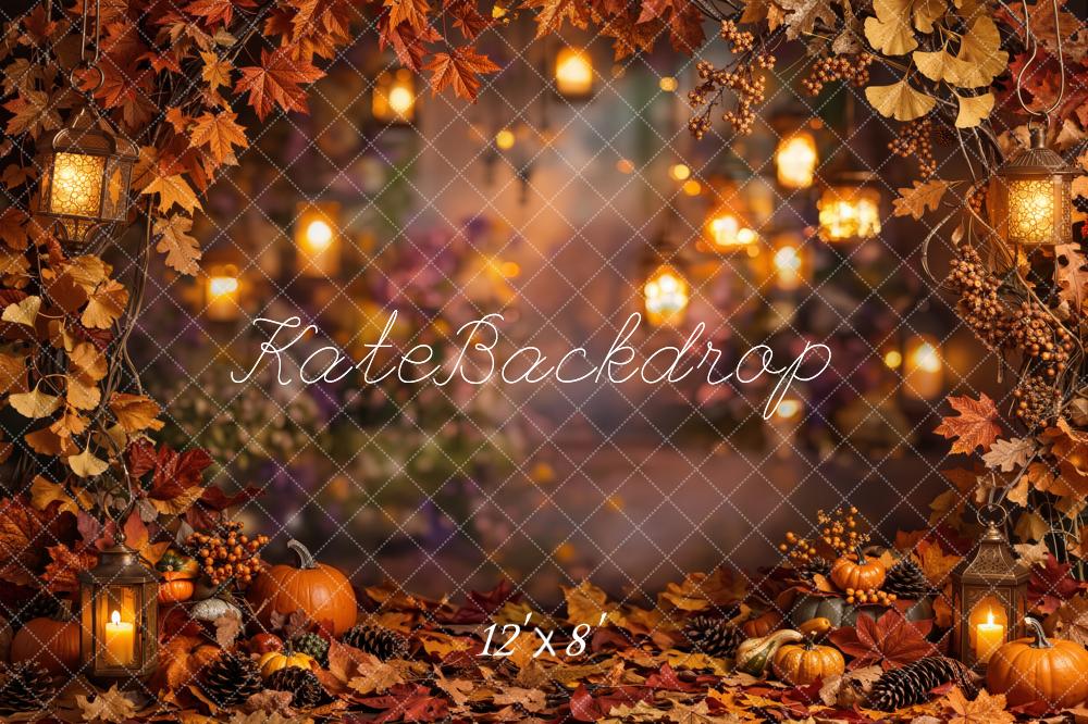 Kate Fall Pumpkins Lantern Leaves Bokeh Printed Backdrop Designed by Emetselch