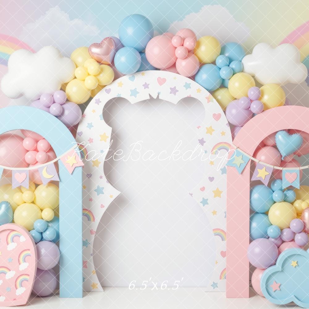 Kate Cake Smash Pastel Rainbow Balloon Heart Cloud Arches Printed Backdrop Designed by Mini MakeBelieve