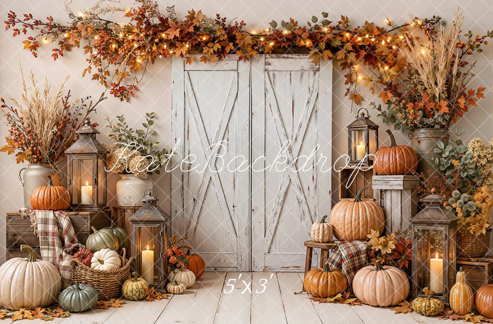 Kate Fall Rustic White Barn Door Pumpkin Lanterns Leaves Printed Backdrop Designed by Emetselch