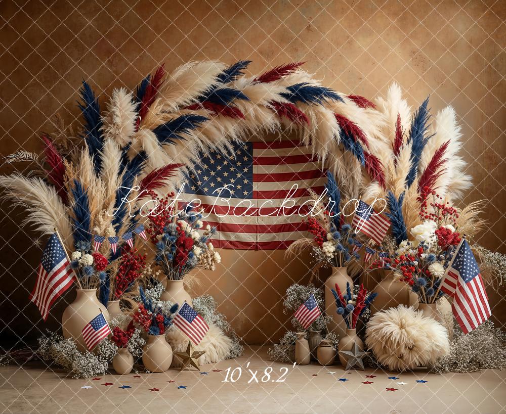 Kate Patriotic Boho Pampas Flower Arch American Flag Printed Backdrop Designed by Emetselch