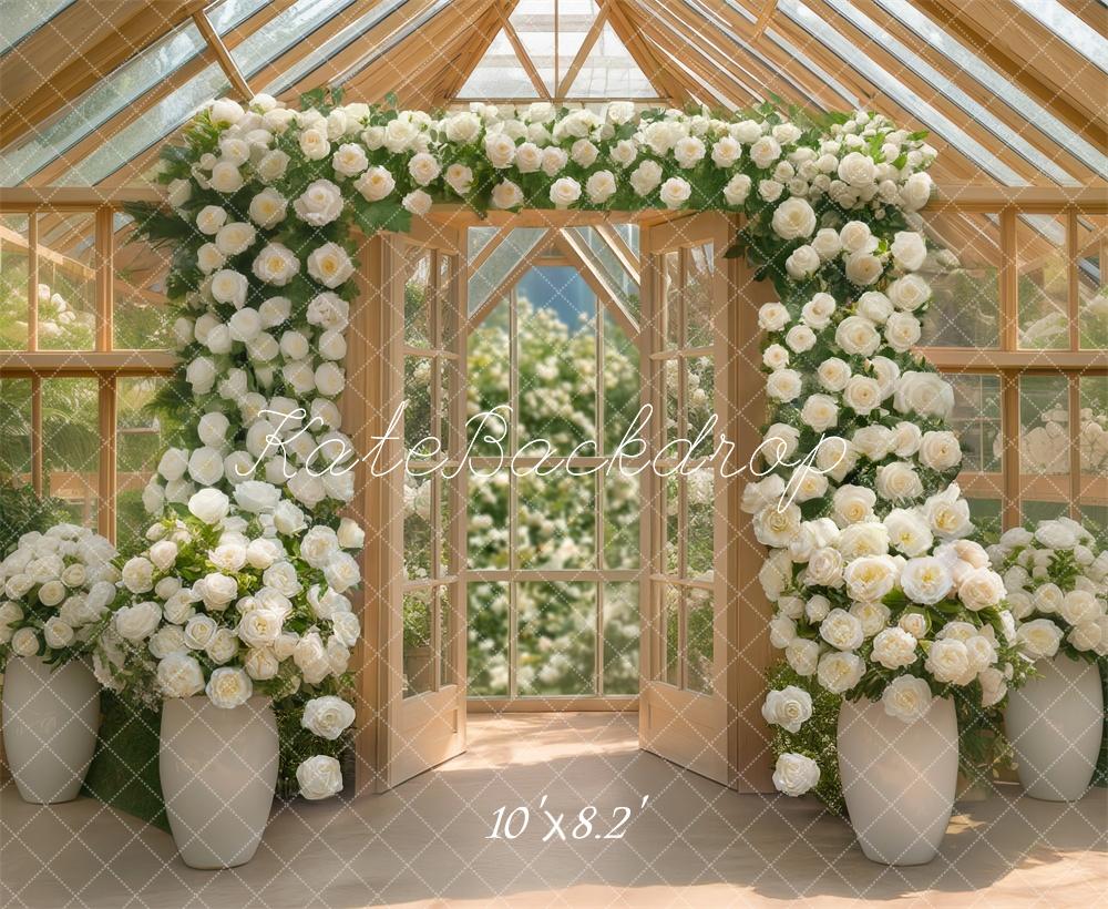 Greenhouse Natural Wood White Roses Backdrop Designed by Mini MakeBelieve