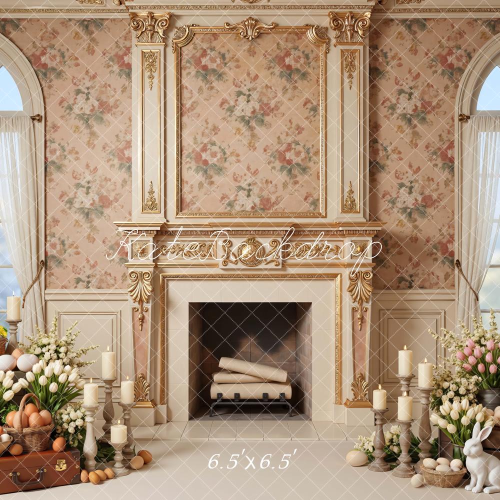 Kate Easter Bunny Fireplace Floral Eggs Printed Backdrop Designed by Mini MakeBelieve