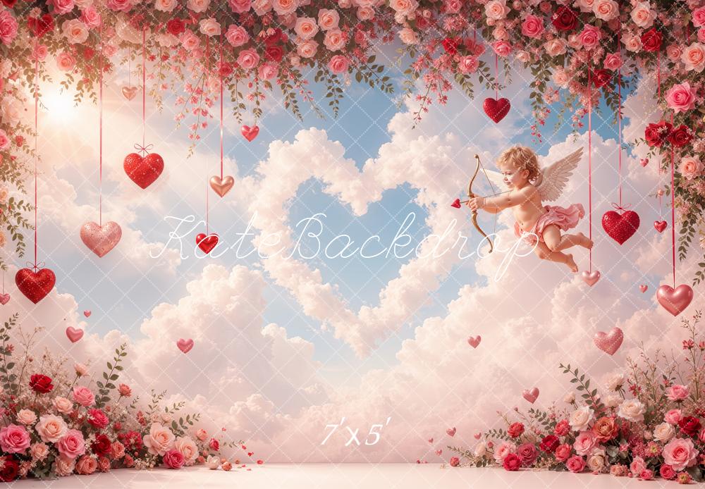 Kate Valentine's Day Cupid Roses Hearts Clouds Printed Backdrop Designed by Shutter Swan Studios