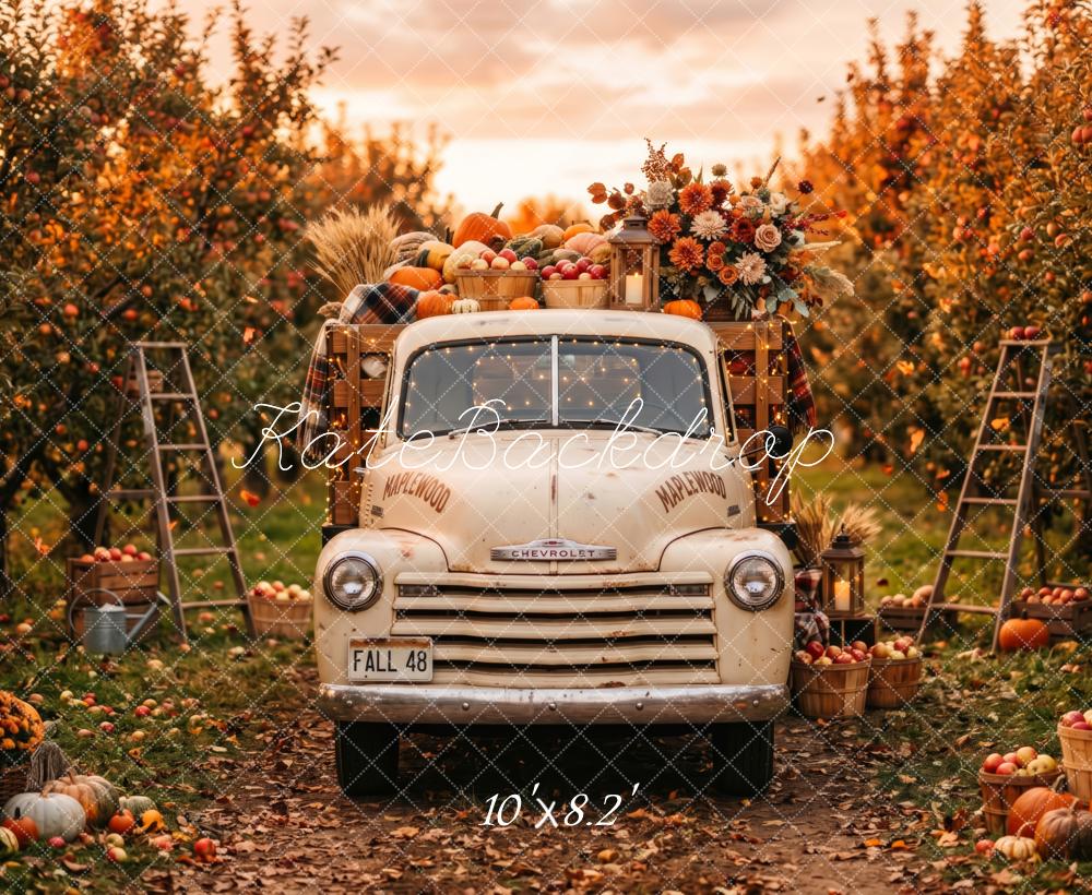 Kate Fall Vintage Truck Harvest Pumpkins Apple Orchard Printed Backdrop Designed by Patty Roberts