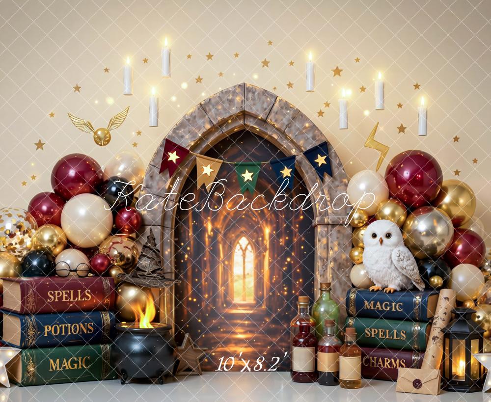 Kate Cake Smash Magic Castle Arch Balloons Spells Books Owl Printed Backdrop Printed Backdrop Designed by Mini MakeBelieve