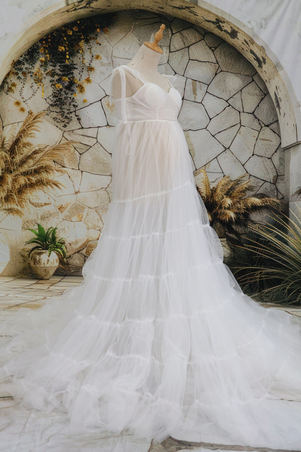 Vestido de fotos de maternidad sin tirantes de malla multicolor diseñado por