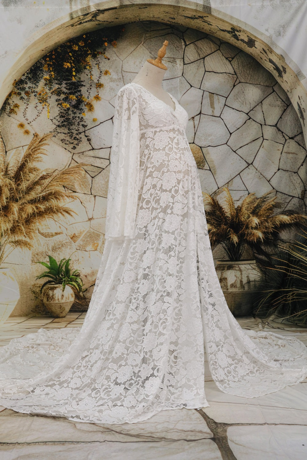 Witte Kant V-hals Split Sleepende Zwangerschaps Fotoshoot Jurk Designed by