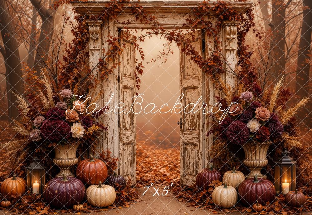 Kate Fall Vintage Door Floral Pumpkins Cozy Forest Printed Backdrop Designed by Jordan Moon