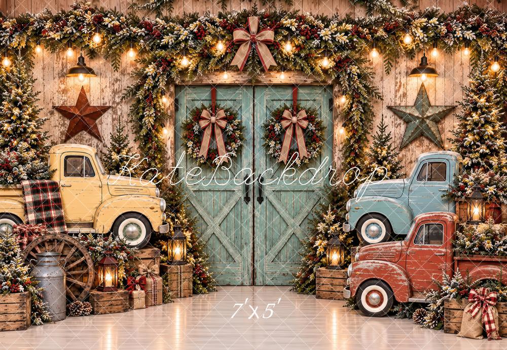 Lightning Deal Kate Christmas Vintage Trucks Barn Door Wreaths Garland Rustic Printed Backdrop Designed by Laura Bybee