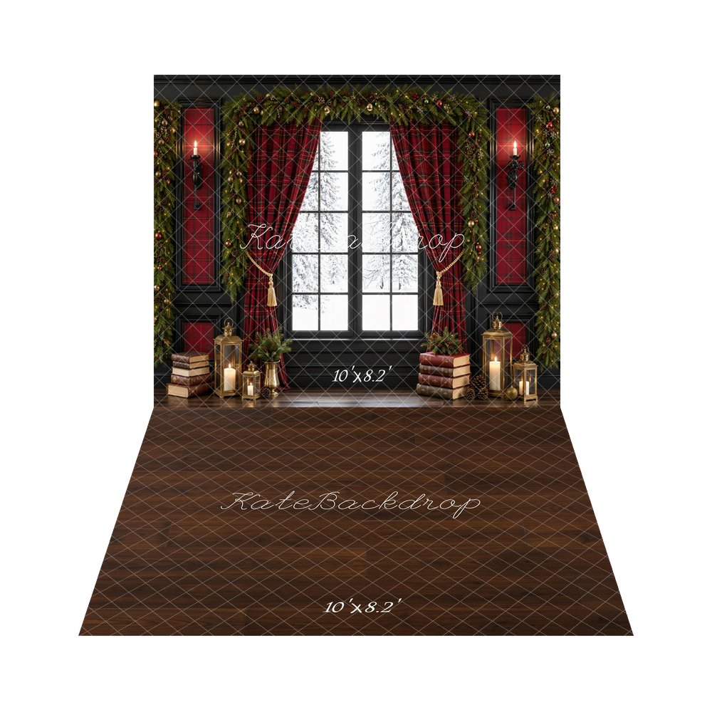 Kate Christmas Plaid Curtains Snowy Window Garland Printed Backdrop+Brown Wood Floor Printed Backdrop