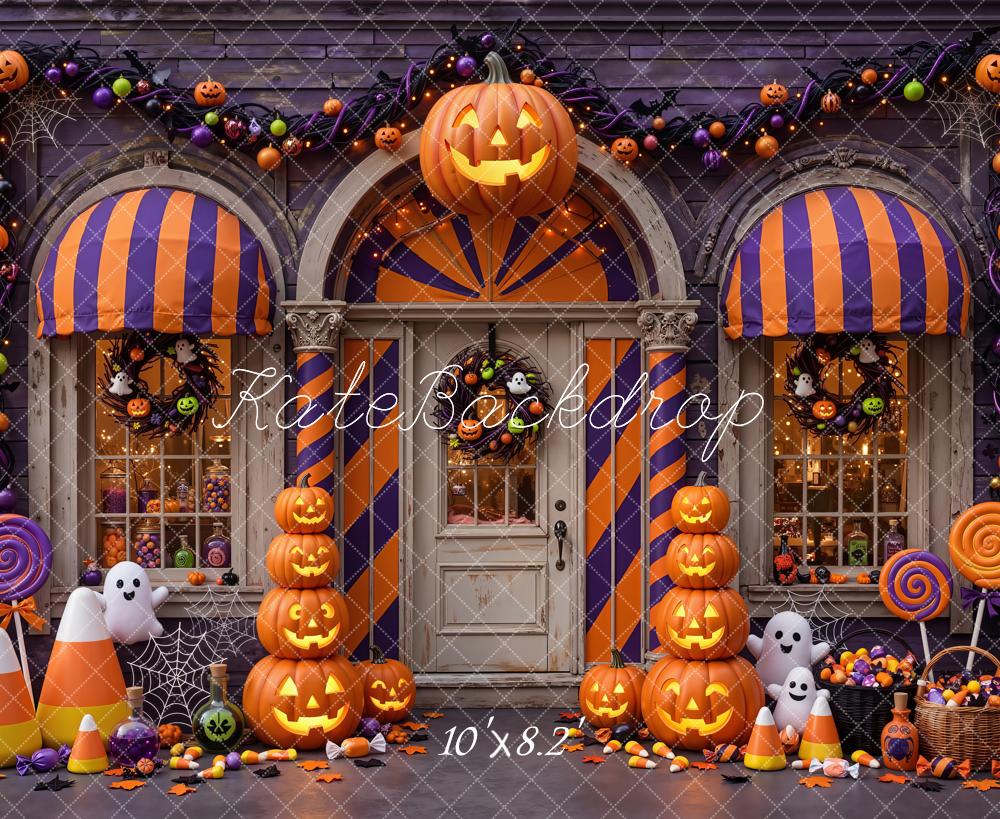 Kate Halloween Shop Pumpkins Porch Candy Trick Or Treat Printed Backdrop Designed by Emetselch