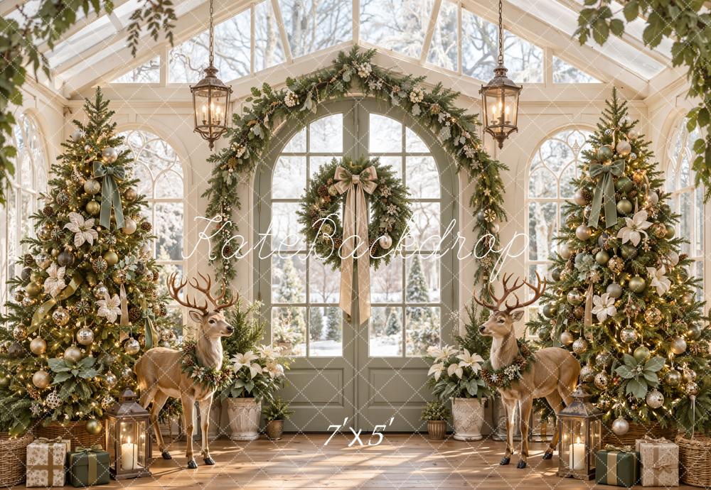 Kate Christmas Greenhouse Arch Garland Deer Christmas Trees Printed Backdrop Designed by Emetselch