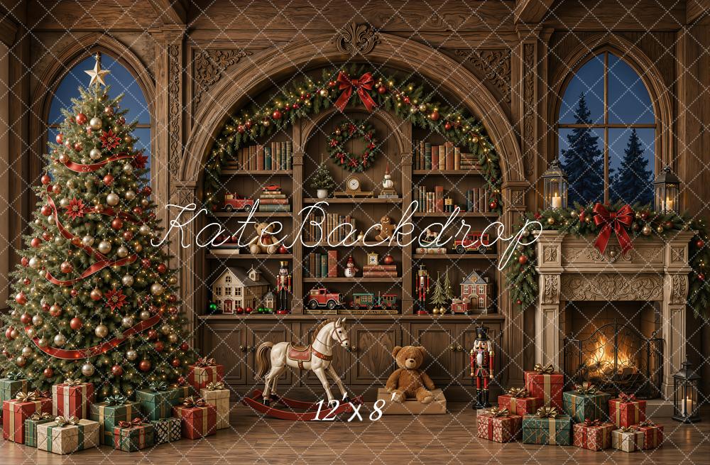 Kate Christmas Tree Toys Room Vintage Wood Wall Fireplace Gifts Printed Backdrop Designed by Emetselch
