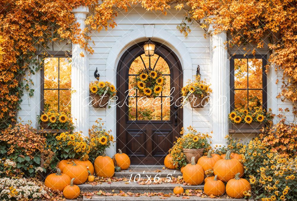 Kate Fall Sunflowers Pumpkins Doorway Maple Leaves Backdrop Designed by Emetselch