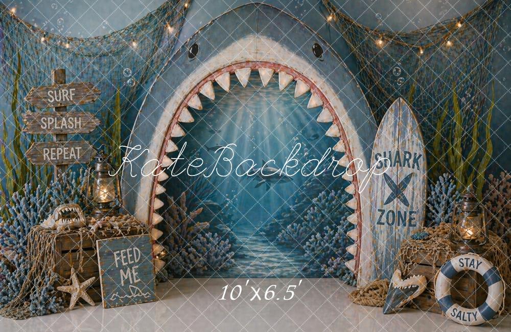 Kate Nautical Shark Mouth Ocean Surfboard Blue Printed Backdrop Designed by Caitlin Lynch