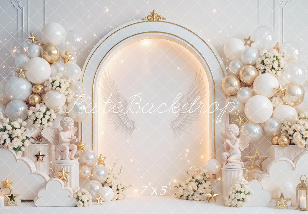 Kate Cake Smash Heaven Made Angel Arch Balloons Stars Clouds Printed Backdrop Designed by Mini MakeBelieve