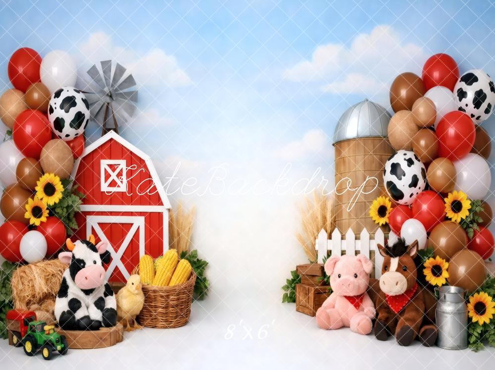 Kate Cake Smash Farm Barn Animals Balloons Sunflowers Printed Backdrop Designed by Vertigo Productions