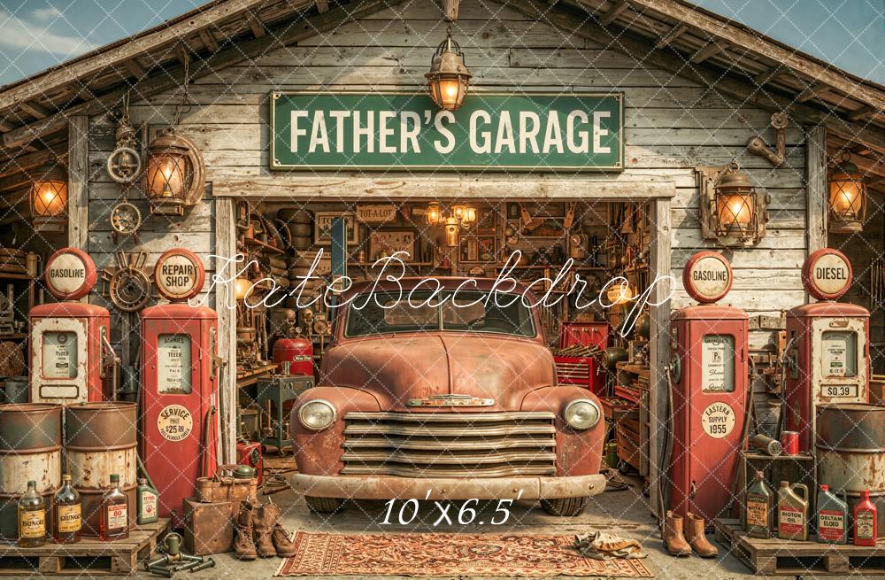 Kate Father's Day Garage Rusty Truck Gas Pumps Printed Backdrop Designed by Chain Photography
