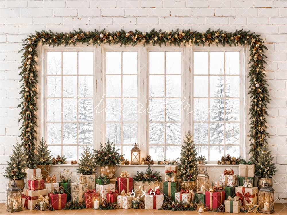 Kate Christmas Window Garland Gifts Snowy White Printed Backdrop Designed by Emetselch