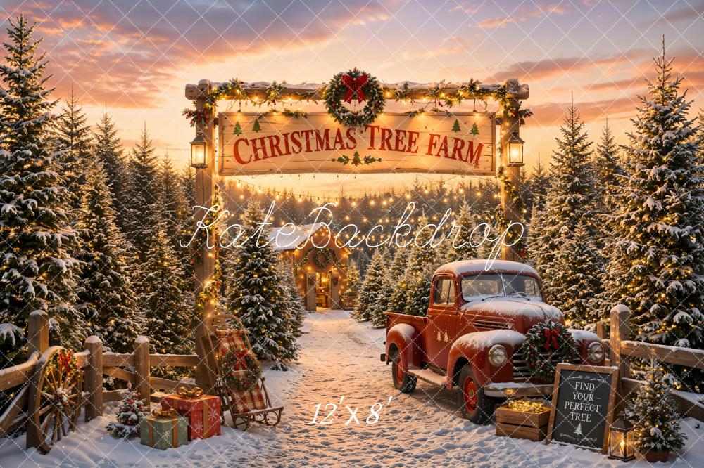 TEST Kate Christmas Tree Farm Red Truck Snowy Pine Trees Printed Backdrop Designed by Emetselch