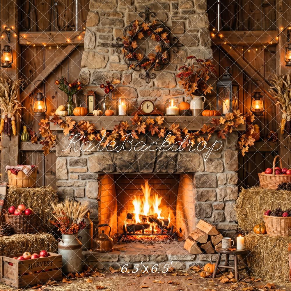 Kate Fall Rustic Stone Fireplace Harvest Wreath Printed Backdrop Designed by Patty Roberts