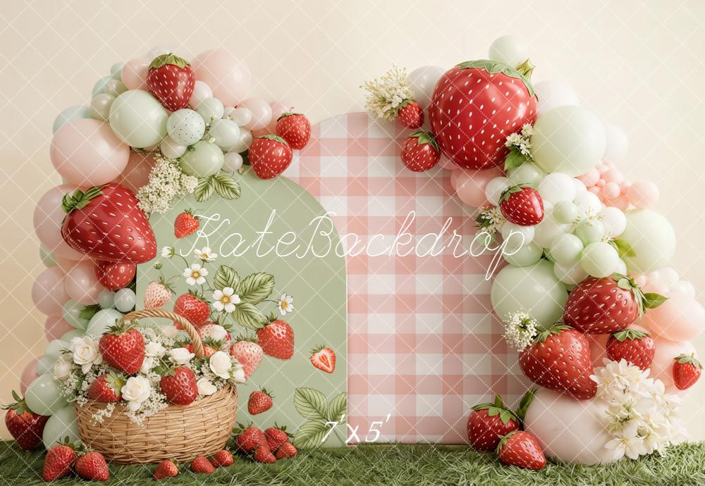 Kate Cake Smash Strawberry Balloon Arch Gingham Basket Flowers Backdrop Designed by Emetselch
