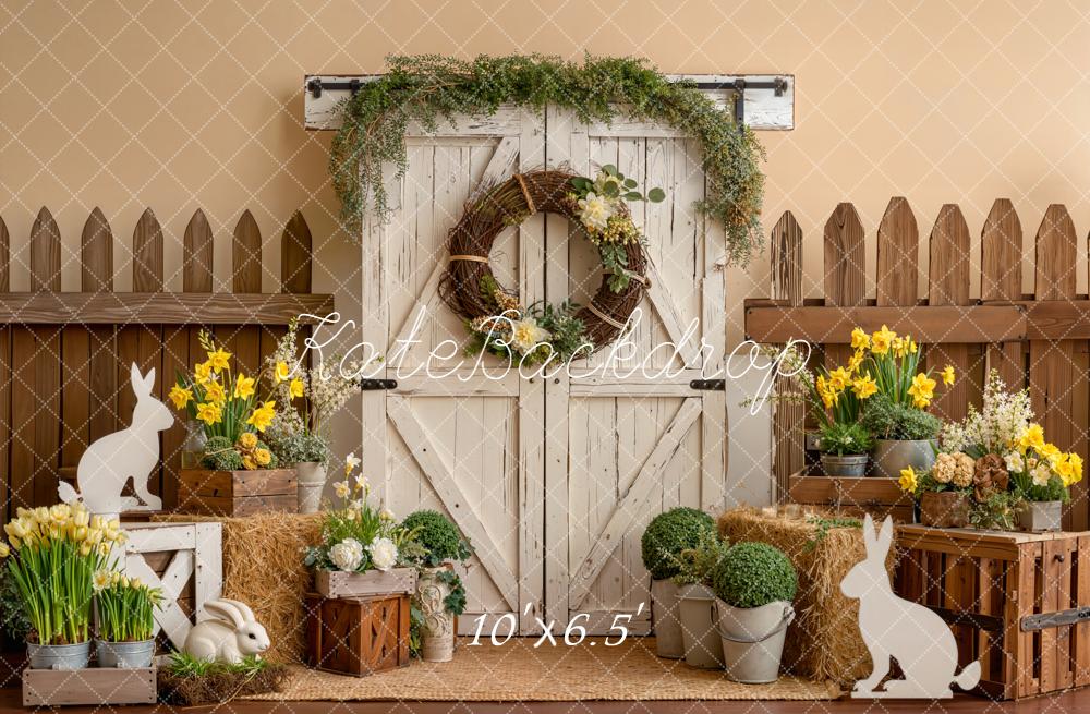 Kate Easter Bunny Barn Door Yellow Flowers Backdrop Designed by Emetselch