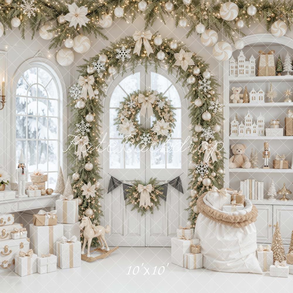 Kate Christmas White Garland Arch Gifts Toys Printed Backdrop Designed by Mini MakeBelieve