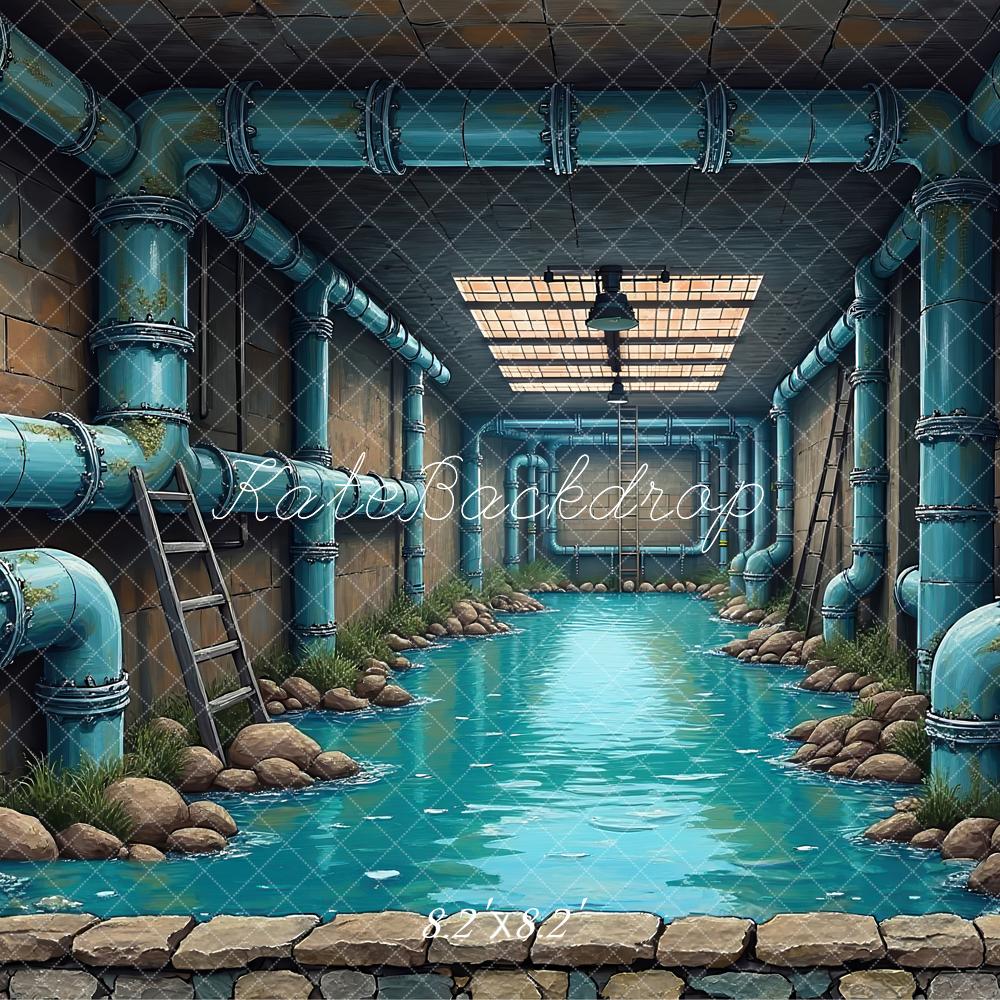 Kate Underground Water Tunnel Blue Pipes Printed Backdrop Designed by Laura Bybee