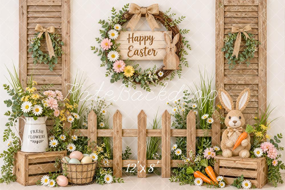 Kate Easter Rustic Garden Wood Fence Bunny Wrearth Printed Backdrop Designed by Emetselch