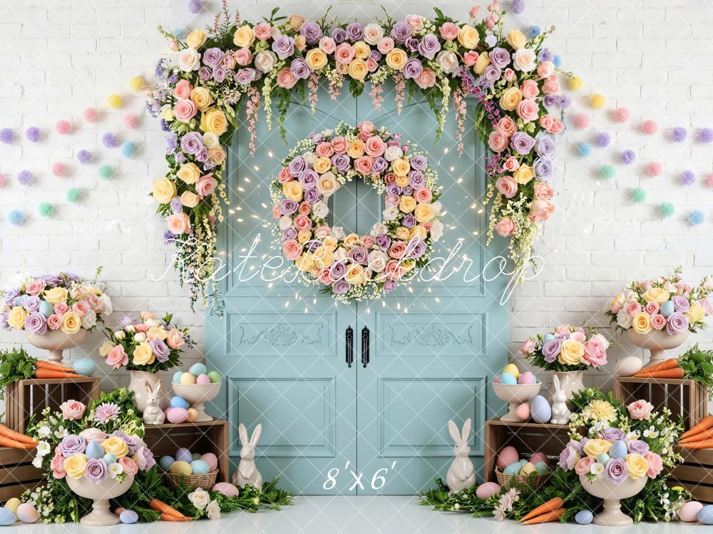 Kate Easter Bunny Flower Arch Pastel Eggs Blue Door Backdrop Designed by Mini MakeBelieve